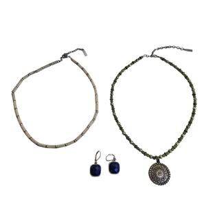 Napier Jewelry Lot 2 Necklaces 1 Pair Earrings Silver Blue Green Metal Beaded
